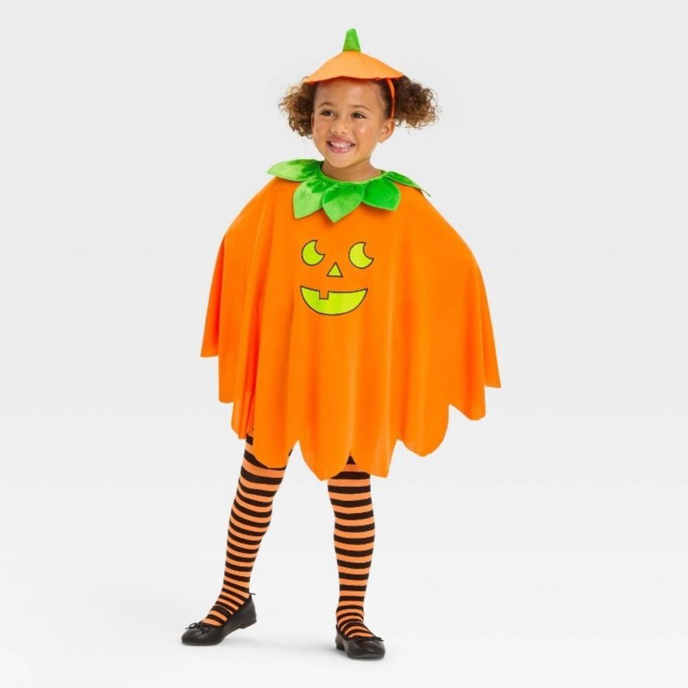NEW Toddler Blacklight Responsive Pumpkin Poncho Halloween Costume Kit One Size